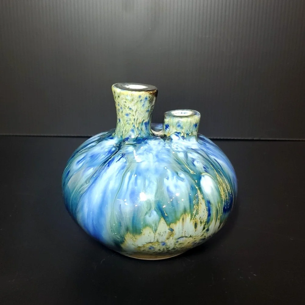 Blue and green glazed ceramic studio pottery vase small double bulbous bud‎ vase